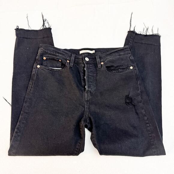 Levi's Wedgie Black Denim Button Fly Distressed Jeans Size 28 - Picture 9 of 11